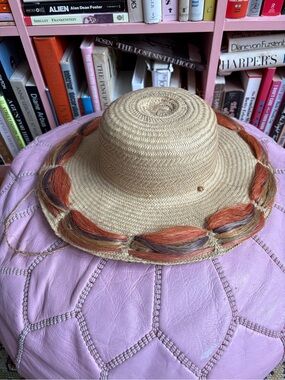 Vintage Straw Sun Hat with Braided Rust Accent - Women Accessories